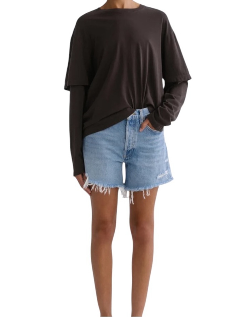 AGOLDE Parker Long Denim Distressed Fray Hem Short Blue Size 27